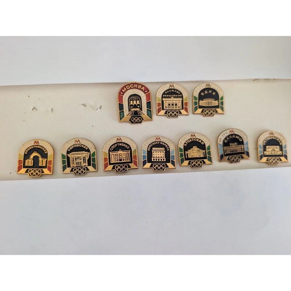 10 USSR Moscow Metro Olympic Station Enamel Pins Lot Moscow 1980 Vintage